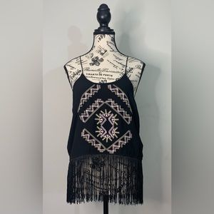 RAGA Black Embroidered Fringe Hem Spaghetti Strap Top / Tank, Size: S